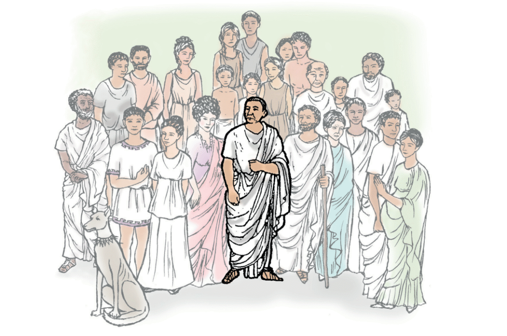The household of Caecilius in Roman dress gather round with him at the centre.