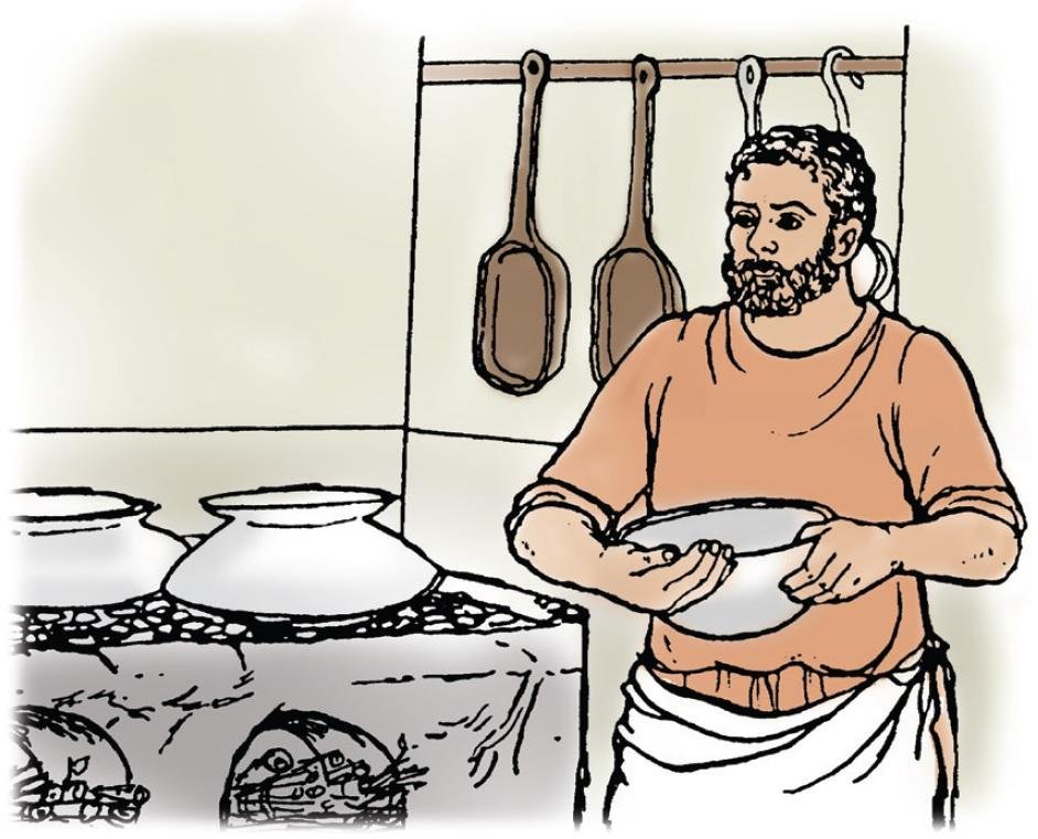 An illustration from Book I of the Cambridge Latin Course showing Grumio in the kitchen
