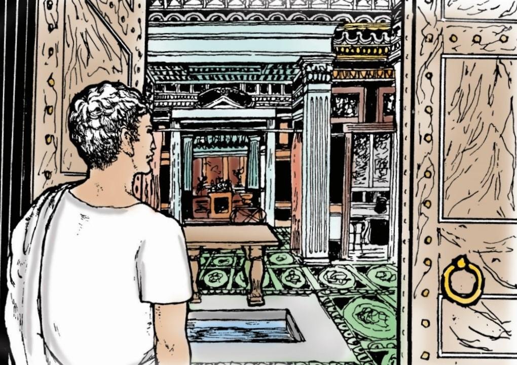 An illustration from Book II of the Cambridge Latin Course showing Quintus entering the atrium of Barbillus' house in Alexandria.